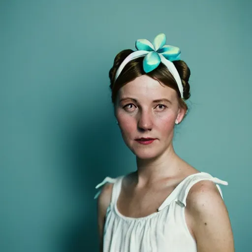 Prompt: a photograph of pleasant nordic woman wearing a white folkdrakt dress, she has a summer flower headband. against a teal studio backdrop. strong kodak portra 4 0 0 film look. film grain. cinematic. in - focus