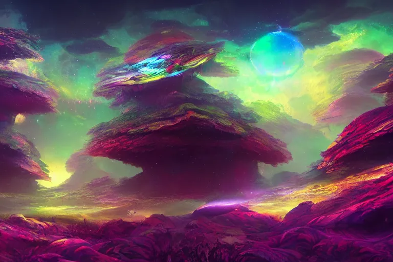Prompt: a psychedelic landscape at the edge of the known universe, astral beings sharing love in the style of greg rutkowski and wlop and lisa frank and bob ross and ruan jia, illustration, epic, fantasy, hyper detailed, smooth, clear, ray traced