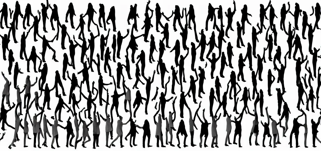 Image similar to symmetry, multiple humans in solid silhouettes, saluting, dancing, interacting and posing, organic and intricate, elegant, highly detailed, concept art, sharp focus, illustration, high contrast, long shadows, painted with colour on white, 8 k