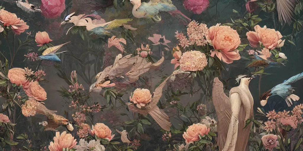 Image similar to breathtaking detailed concept art painting art deco pattern of birds goddesses amalmation flowers with blend of flowers and birds, by hsiao - ron cheng and john james audubon, bizarre compositions, exquisite detail, extremely moody lighting, 8 k