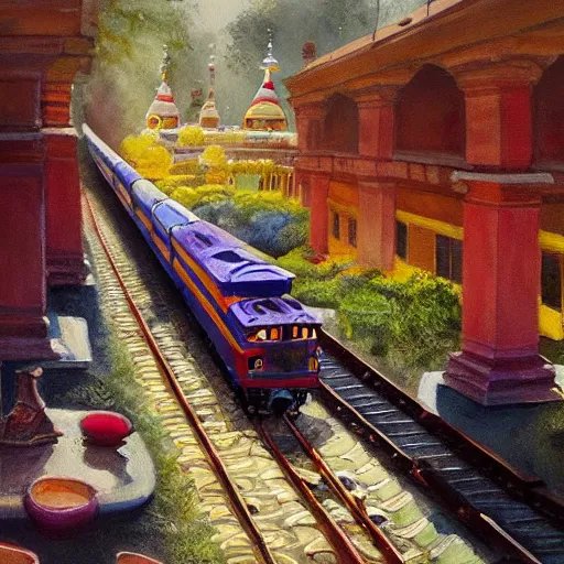 Image similar to a beautiful painting of a train traveling in india by greg rutkowsk and adonna khare, wes anderson, trending on artstation