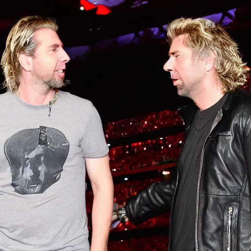 Prompt: chad robert kroeger of nickelback looking at what is on joey's head