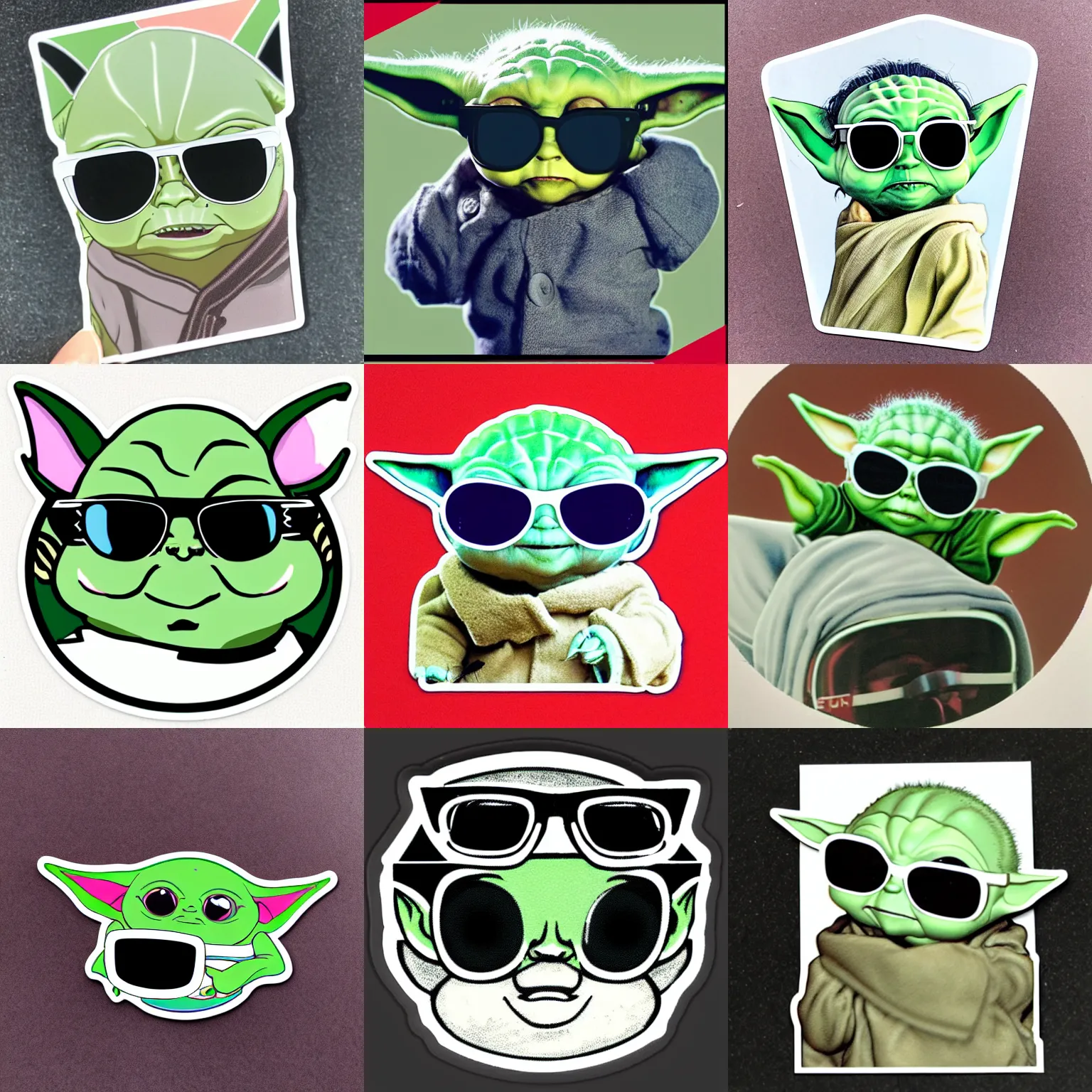 Prompt: Sticker of baby yoda with white acne studios mustang sunglasses on, page scan, sticker