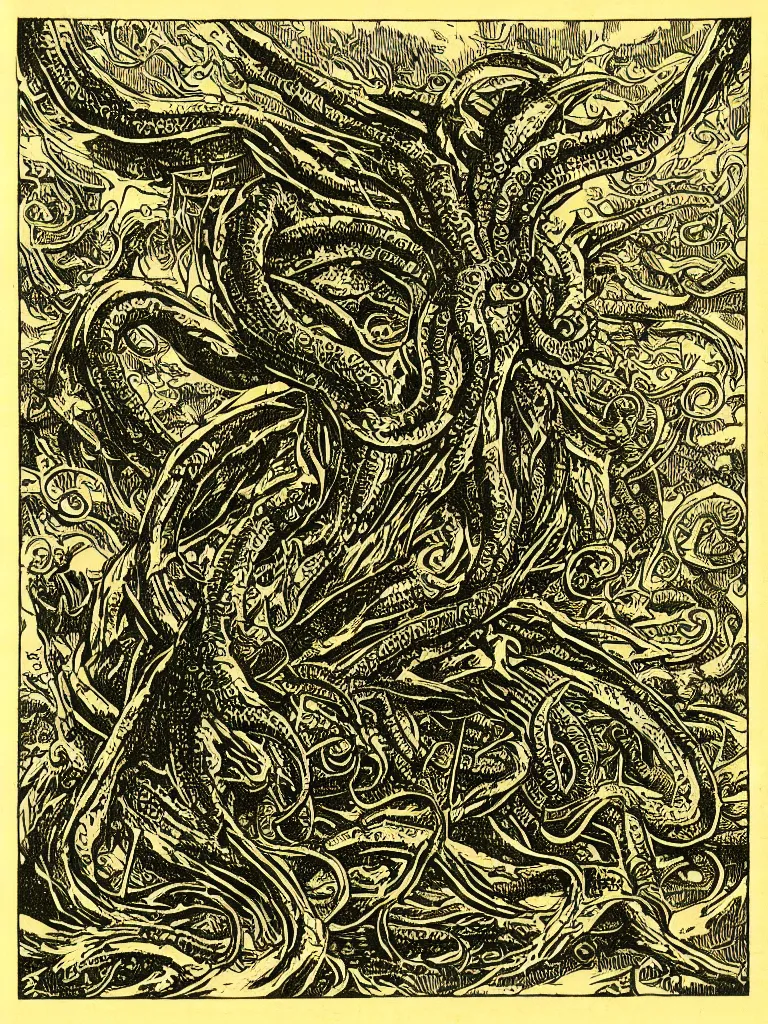 Prompt: old printmaking woodblock print of a intricately detailed tribute to the elder god cthulhu, beautiful dark fantasy, 8k detail