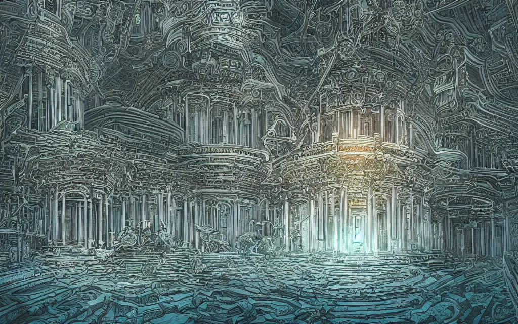 Image similar to palace of the god minds, future perfect, award winning digital art extremely detailed