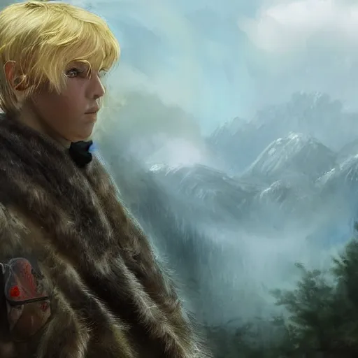 Prompt: blonde boy fantasy thief, high detail face, realistic, ultra detailed, menacing, powerful, dark, shallow focus, forest, mountains in the background concept art design as if designed by Wētā Workshop