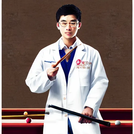 Image similar to young male asian scientist in white coat playing the Billiards,trending on artstation,digital art.