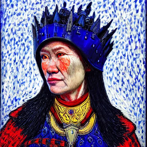 Prompt: head and shoulders portrait of a female knight, inuk, baroque, symbolist, tonalist, sfumato, chiaroscuro, luminous, detailed, ravens, edge lighting, etching, palette knife, girih, prussian blue and venetian red, glazing, happy