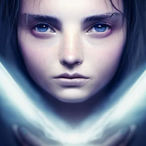 Image similar to portrait art of female angel, art by alessio albi 8 k ultra realistic, angel wings, lens flare, atmosphere, glow, detailed, intricate, full of colour, led lighting, trending on artstation, 4 k, hyperrealistic, focused, extreme details, unreal engine 5, masterpiece