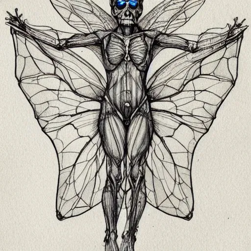 Image similar to anatomical diagram pencil sketch of a fairy, insanely detailed, labeled diagram, medical illustration, insanely intricate, written notes, text, journal paper, watercolor, stains