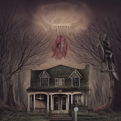 Prompt: creepy album art by chris bilheimer of a haunted house, surreal, 8 k