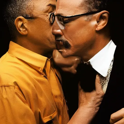 Image similar to walter white kissing gus fring, 8k , professional photography