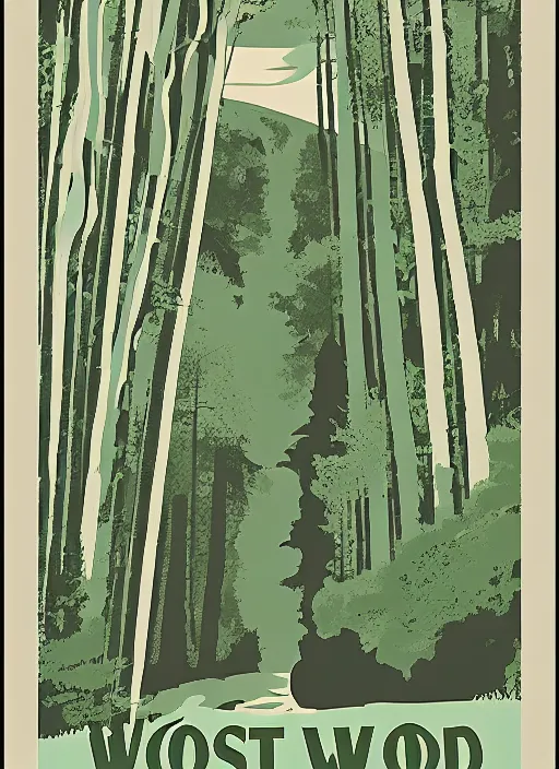 Image similar to a mid-century modern travel poster of Ghostwood National Forest, Twin Peaks