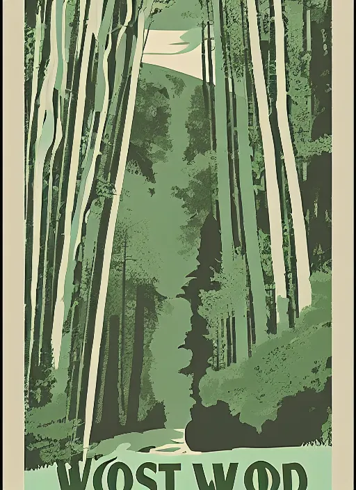 Prompt: a mid-century modern travel poster of Ghostwood National Forest, Twin Peaks