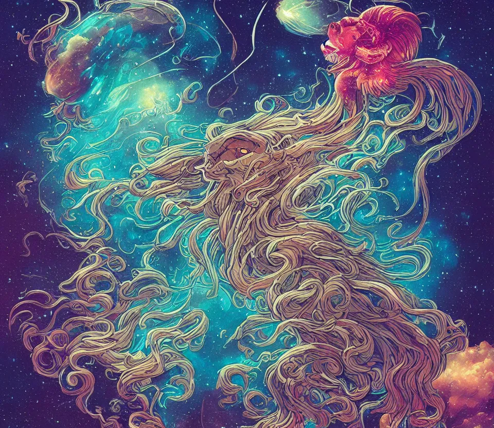 Prompt: gigantic retrowave lion's mane jellyfish flying among the galaxies and nebulae by Laurie Greasley and Peter Mohrbacher and Dan Mumford and Xsullo, tarot card art, hyperdetailed, dramatic lighting, atmospheric lighting, fractal patterns