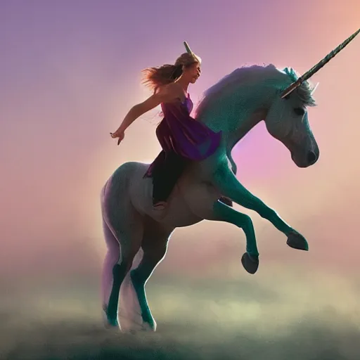 Image similar to a woman resembling olivia newton - john riding a unicorn. sharp colour photograph. soft lighting. depth of field. trending on artstation.