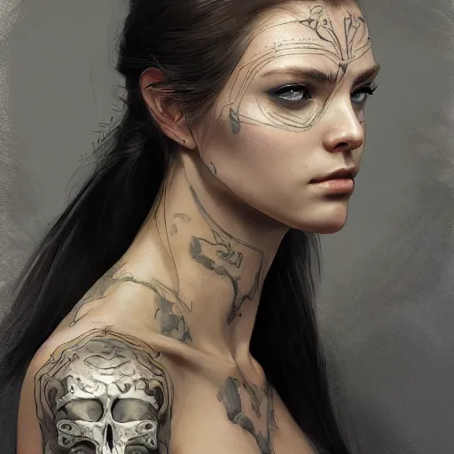 Image similar to tattoo design, a professional painting of a beautiful young female, partially clothed in battle armor, olive skin, long dark hair, beautiful bone structure, symmetrical facial features, intricate, elegant, digital painting, concept art, smooth, sharp focus, illustration, from Metal Gear, by Ruan Jia and Mandy Jurgens and Greg Rutkowski and Artgerm and William-Adolphe Bouguerea and artgerm, cat girl, anime