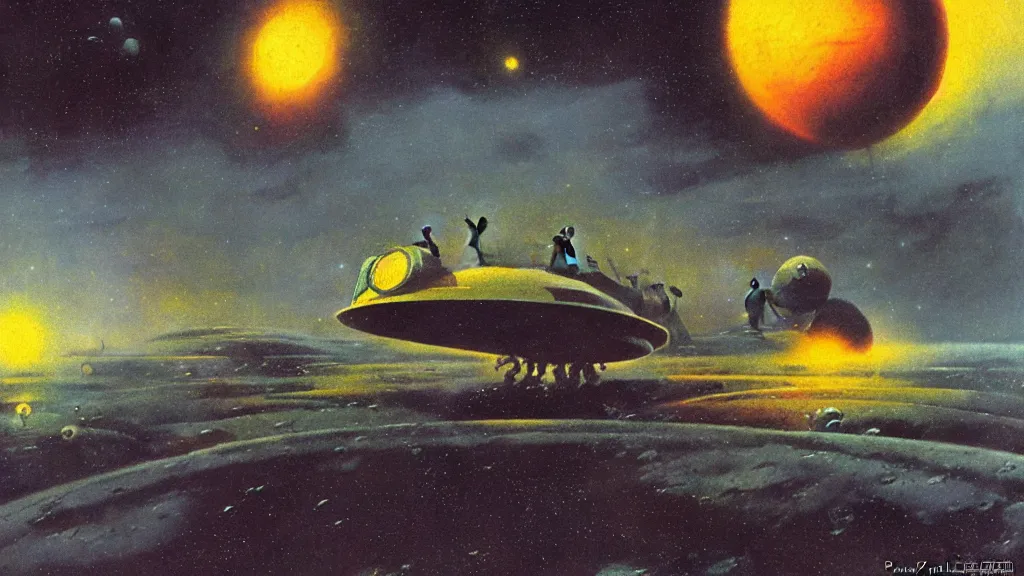 Image similar to eerie atmospheric alien planet with a small dropship pod landing by paul lehr and jack gaughan and john schoenherr, epic cinematic matte painting