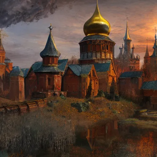 Image similar to photo ancient Slavic Russian city of Kitezh y Viktor Vasnetsov, concept art, magical city, fantasy cityscape, ancient Slavs, wooden buildings, ancient Russian architecture, terem, hyperborea, top cinematic lighting , cinematic mood, very detailed, 8k, high resolution, trending on artstation, artstationHD,