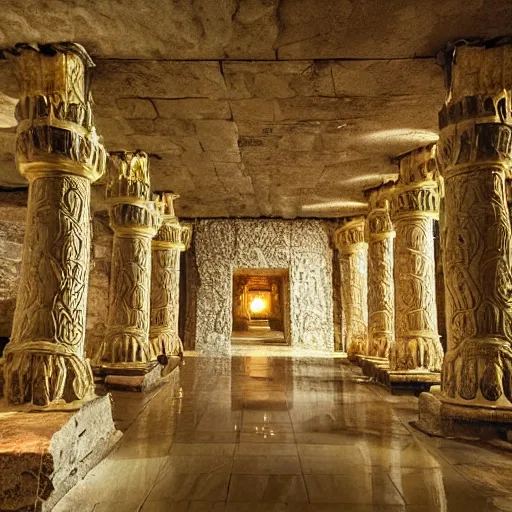 Prompt: The Great Hall of a Dwarven underground city with gigantic pillars, sconces, intricate details, stone carvings, epic, grandiose, awe inspiring, the mines of Moria, dwarven architecture, inlaid with gold W- 1024