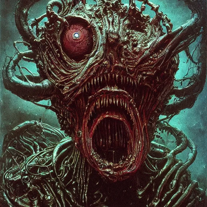 Image similar to space alien, slimy, glossy, sharp teeth, by h. r. giger, beksinski, nightmare fuel, nightmarish, intricate, highly detailed, optical illusion, stranger things demogorgon, volumetric lighting, flickering