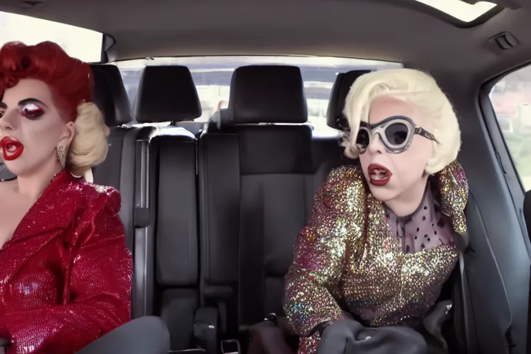 Image similar to lady gaga and judy garland in carpool karaoke, lady gaga, judy garland, red weapon 8 k s 3 5, cooke anamorphic / i lenses, highly detailed, cinematic lighting