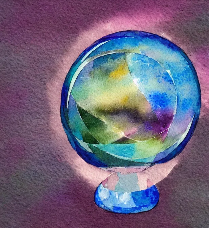 Image similar to a 1988 watercolor and ink illustration of an intricate and faceted crystal ball with a world inside of it + impasto + dissolving in to light + prism + god rays + dramatic lightning + backlit + specular + caustics