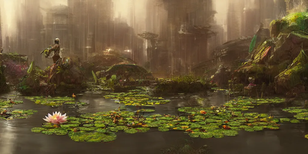 Image similar to fantasy cyberpunk lotus pond, concept art, render by octane and blender, hyper realistic, cinematic lighting, unreal engin 5, by krenz cushart, 8 k, vray render, artstation, deviantart