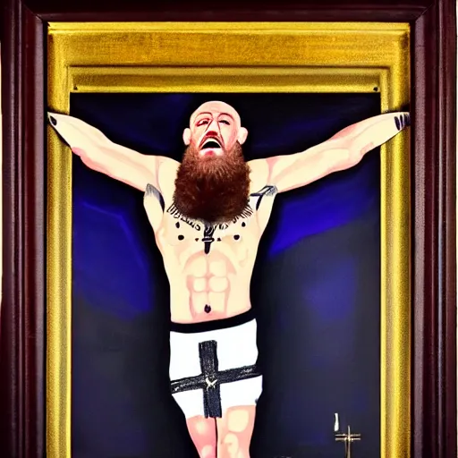Prompt: religious portrait, conor mcgregor on the cross, crucifixion, oil on canvas, digital art