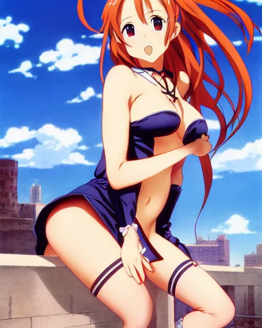 Image similar to pinup photo of asuna from sao in the center of the city, asuna by a - 1 pictures, by stephen bliss, gil elvgren, enoch bolles, glossy skin, pearlescent, anime, very coherent, maxim magazine