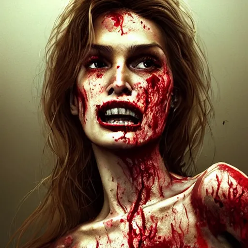 Image similar to portrait of young cindy crawford as a zombie with blood on face, 7 days to die zombie, strong golden rimlight, fine art, award winning, intricate, elegant, sharp focus, cinematic lighting, highly detailed, digital painting, 8 k concept art, art by guweiz and z. w. gu, masterpiece, trending on artstation, 8 k