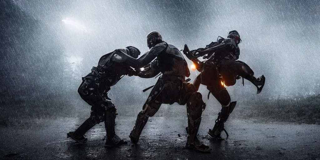 Prompt: 2 warriors in de exoskeletons battling each other in heavy rain, ground fog, moody lighting, 8 k, lightning, shallow depth of field, cinematic lighting,