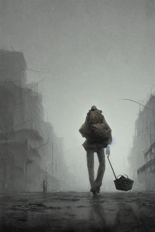 Image similar to man carrying many bags full of groceries, walking in a post - apocalyptic abandoned city, zdzislaw beksinski, lewis jones, dariusz zawadzki, wayne barlow, cold hue's, warm tone gradient background, concept art, digital painting