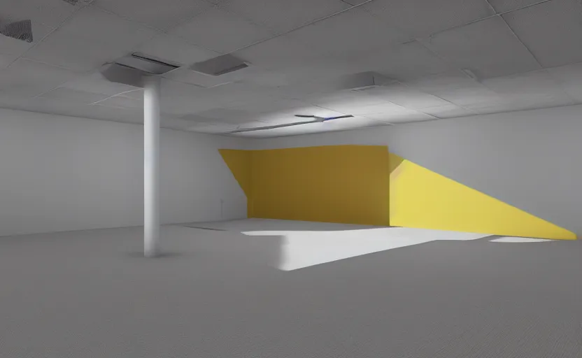 Image similar to empty room, big open floor, large colourful 3 d shapes, unreal engine and v - ray render.