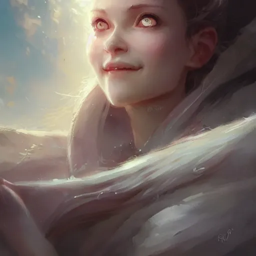 Prompt: a portrait of a beautiful smiling lady with adorable eyes, pretty eyes, beautiful eyes, looking up onto the sky, smiling, art of wlop and greg rutkowski, epic fantasy art, bright light masterpiece, ray of light through white hair