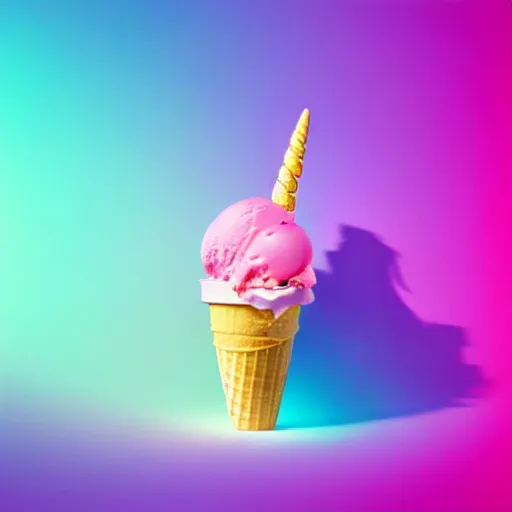 Prompt: an ultra high definition pastel coloured wildlife photograph of a magic unicorn eating an ice cream in a magical field. refraction, volumetric lighting iridescence.