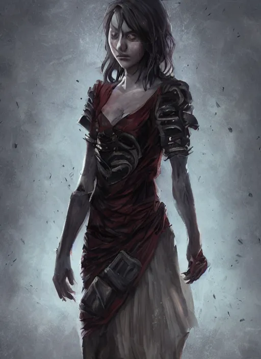 Image similar to an epic fantasy comic book style portrait painting of a girl with short straggly hair, low lethargic insouciance voice with a drawl wearing a ragged dress, unreal 5, daz, hyperrealistic, octane render, cosplay, rpg portrait, dynamic lighting