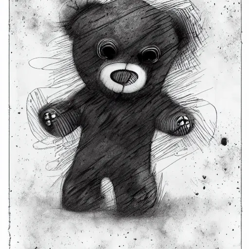 Image similar to grunge drawing of a teddy bear in the style of the grudge | horror themed