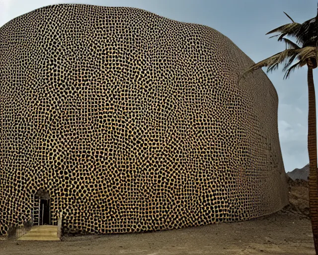 Image similar to snake oil as a building. Neo-Andean architecture by Freddy Mamani