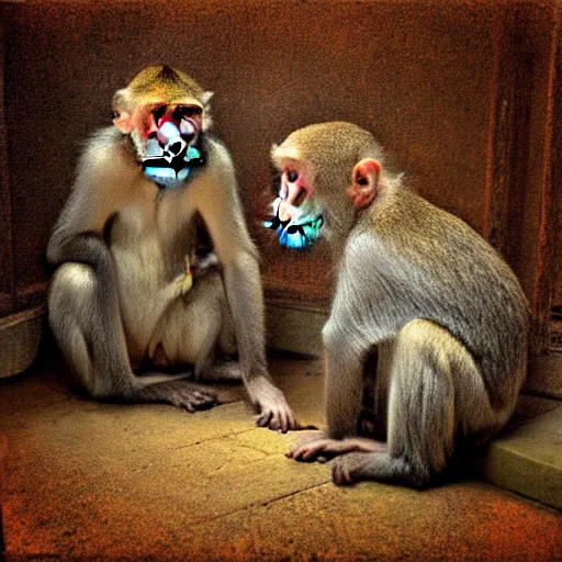 Image similar to two macaques looking at each other inside victorian mansion, digital art, soft shadows, creepy art, sun flare