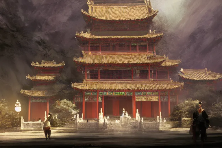 Image similar to Chinese palace, cinematic lighting, dramatic atmosphere, by Craig Mullins, 4k resolution, trending on artstation