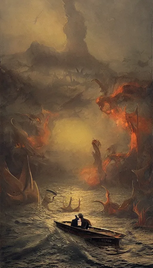 Image similar to man on boat crossing a body of water in hell with creatures in the water, sea of souls, by james gurney