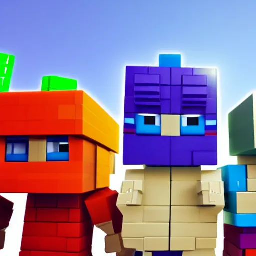 Image similar to block figures looking like roblox figures who are playing with a computer in a block world, having fun in the sun, bright and fun colors