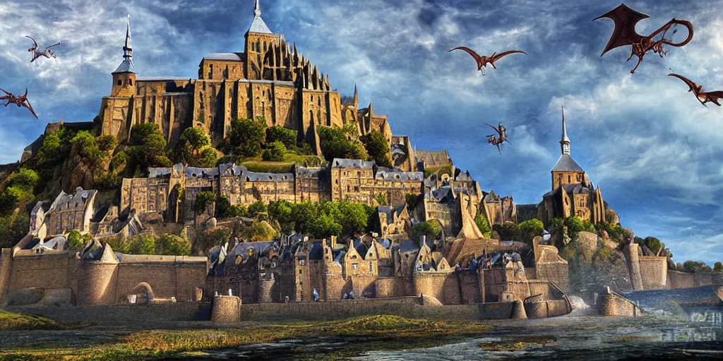 Prompt: landscape of Mont Saint-Michel under attack by dragons, highly detailed digital art