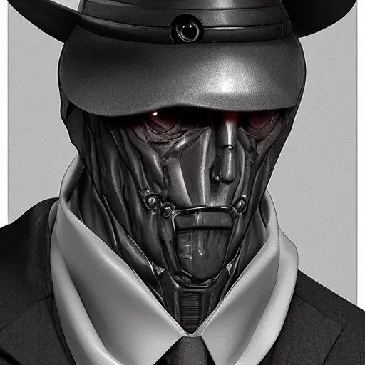 Image similar to a portrait of noir robot detective, mechanichal face, hard surface, realistic