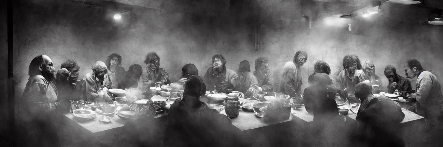 Image similar to Award Winning Editorial wide-angle picture of a Tramps in a new York Soup Kitchen by David Bailey and Lee Jeffries, called 'The Last Supper', 85mm ND 5, perfect lighting, gelatin silver process