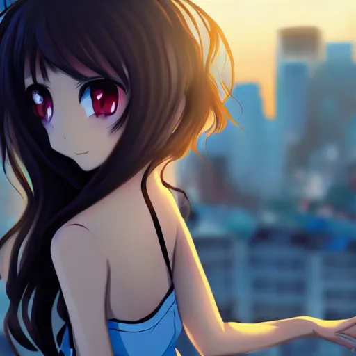 Prompt: Beautiful brunette anime girl with a gorgeous eyes is staring into the camera with a look of all as the city behind her collapses, award winning anime cartoon still, extremely detailed, extremely artistic, trending on art station