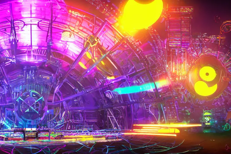 Image similar to an outdoor festival stage, text tripmachine, center of the stage is a big futuristic steampunk generator with gears and belts and tubes, surrounded by big cyberpunk speaker towers, rock musicians on the stage, laser show, 8 k, fluorescent colors, halluzinogenic, multicolored, exaggerated detailed, unreal engine