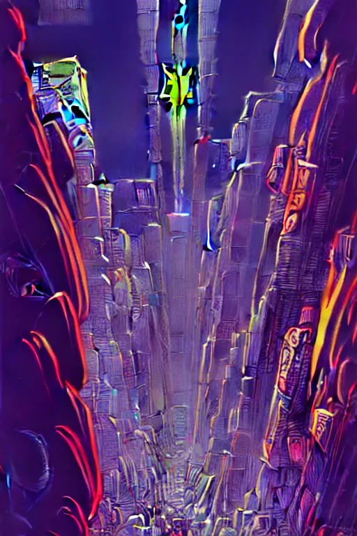 Image similar to astronaut cyberpunk surreal upside down city neon lights by moebius, Jean Giraud, trending on artstation