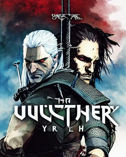 Prompt: witcher boxart yoji shinkawa